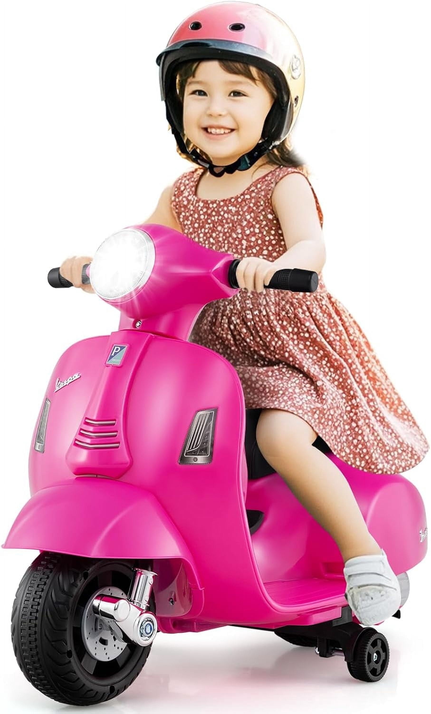 Licensed Vespa Kids Motorcycle by OLAKIDS, 6V Battery Powered Motorbike for Toddlers with Training Wheels, Horn, LED Lights, Electric Ride on Toys for Boys Girls Aged 18-36 Months