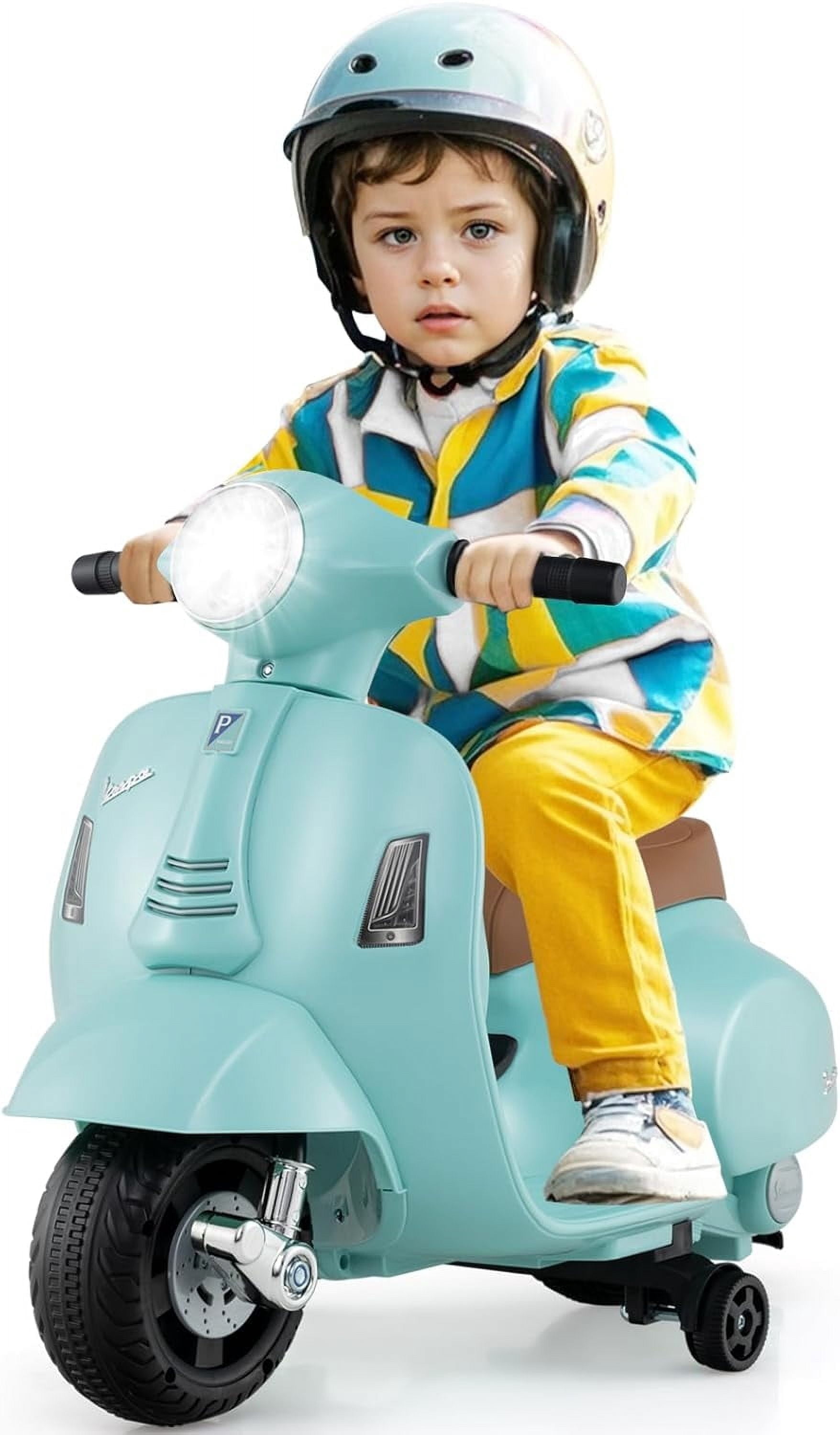 Licensed Vespa Kids Motorcycle by OLAKIDS, 6V Battery Powered Motorbike for Toddlers with Training Wheels, Horn, LED Lights, Electric Ride on Toys for Boys Girls Aged 18-36 Months