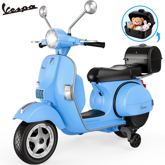 Vespa Officially Licensed 12V Kids Ride On Motorcycle, Dual 100W Motors Electric Scooter with Training Wheels, PU Seat, Storage Trunk, Music & LED Lights, Ages 3-6, Blue
