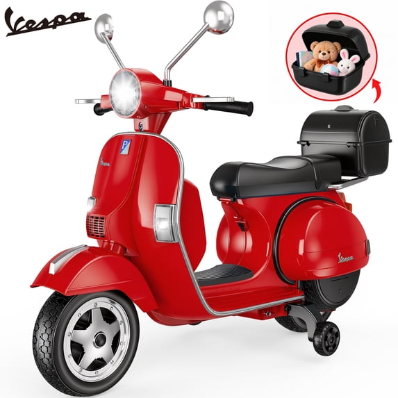 Vespa Officially Licensed 12V Kids Ride On Motorcycle, Dual 100W Motors Electric Scooter with Training Wheels, PU Seat, Storage Trunk, Music & LED Lights, Ages 3-6, Red