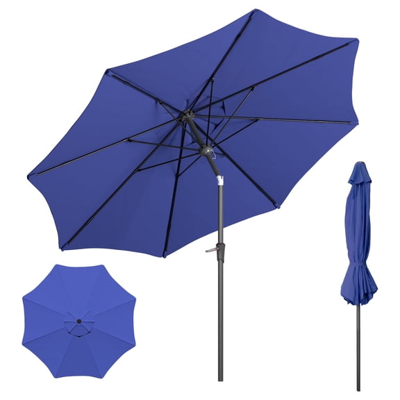 Licheers 9ft octagonal market terrace  umbrella w/ Push Button Tilt and Crank，8 fiberglass ribs，dark blue