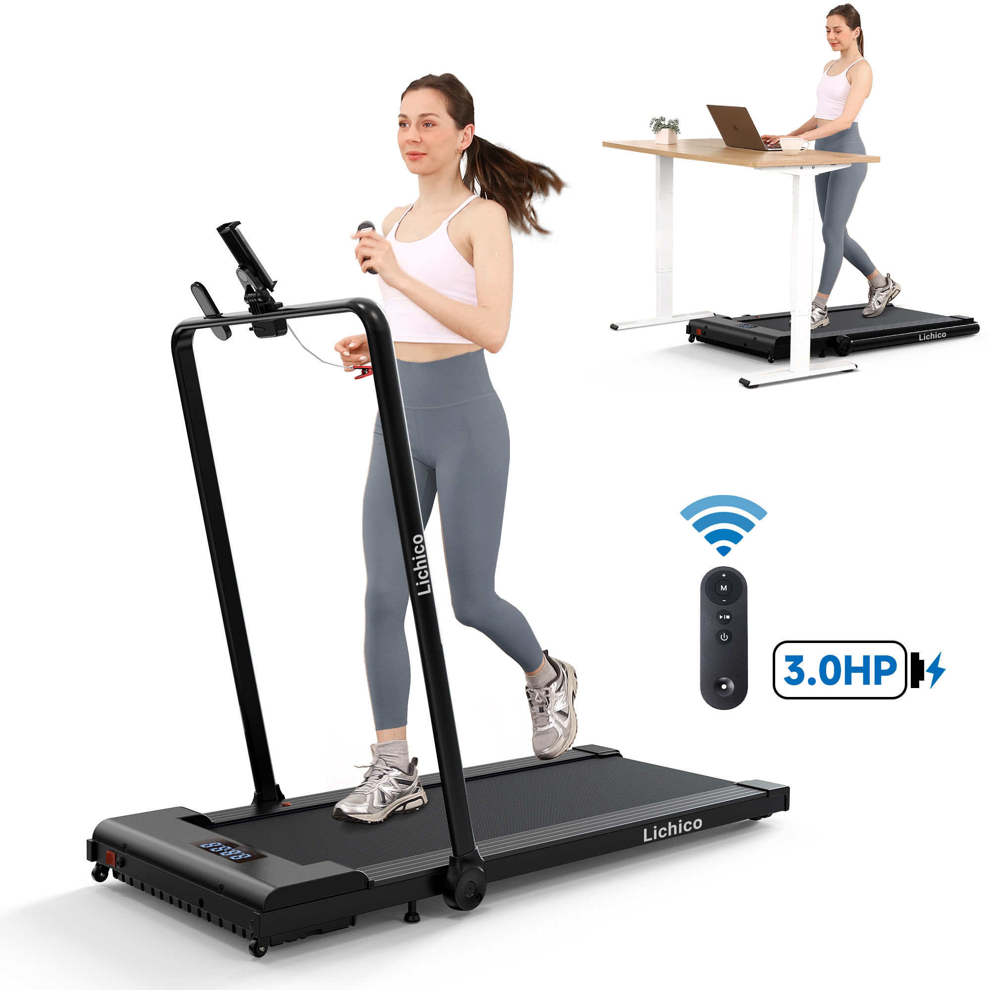 Lichico 2 in 1 Under Desk Treadmill, Walking Pad 3.0HP Brushless Motor ...