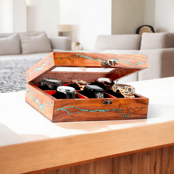 Lichtenberg Fractals Wooden Watch Boxes & Cases, Comes with 6 slots, Soft Handmade Velvet Cushions, 25x17.3x8.0 CM