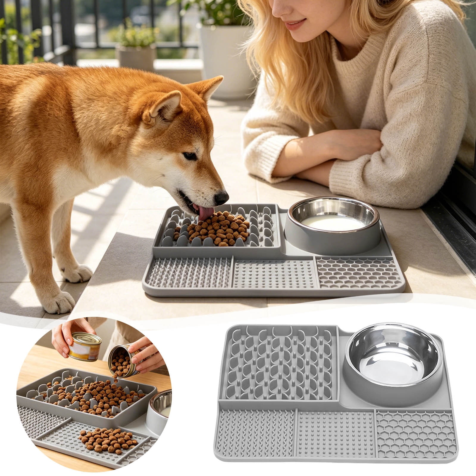 Licking Pad 5âInâ1 Silicone Slow Feeding Mat Suction Cup Antiâ Feeder Detachable Stainless Steel Bowl StressâRelief Set For Cats Dogs Puppies Daily Use 13.0 x 9.8 in Grey