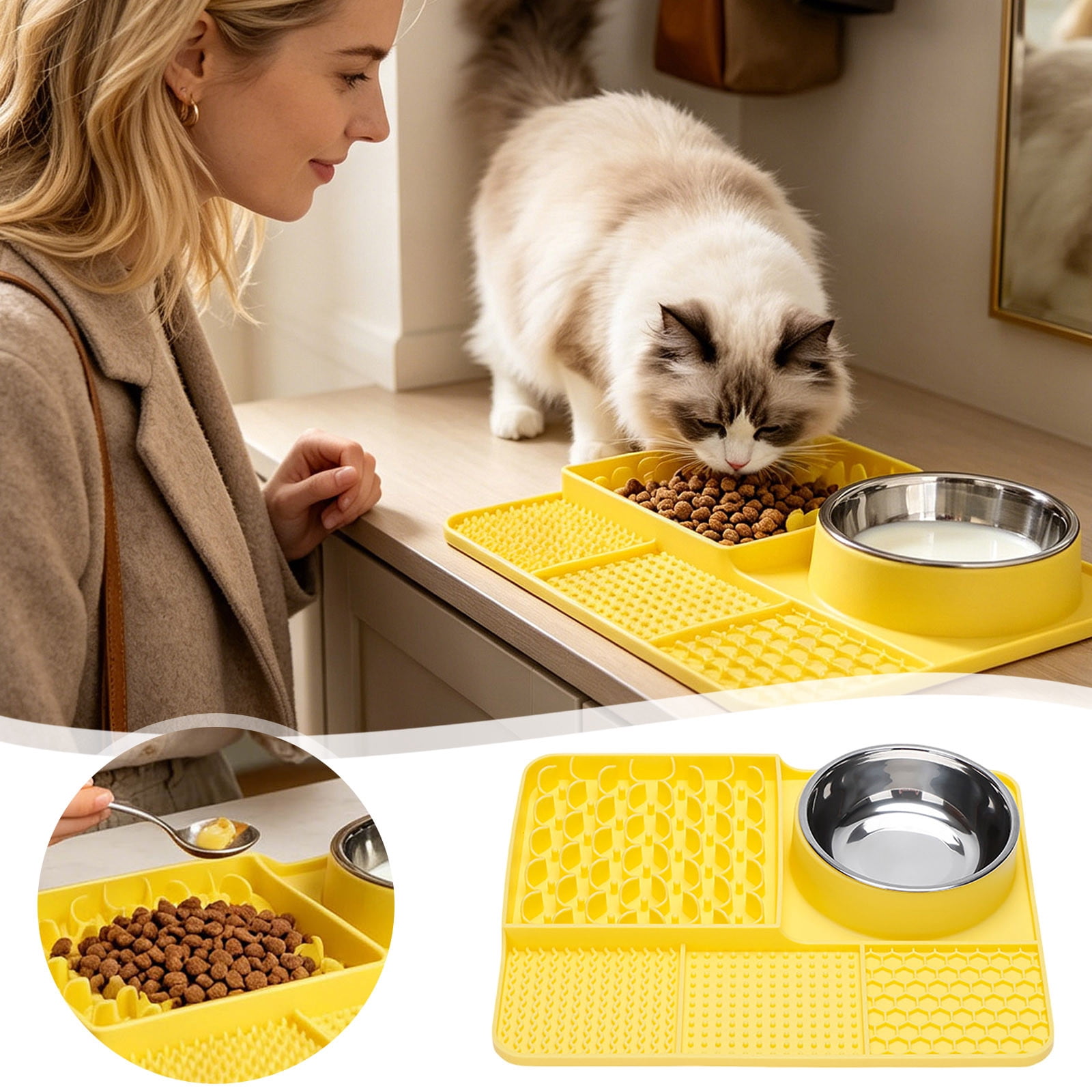 Licking Pad 5âInâ1 Silicone Slow Feeding Mat Suction Cup Antiâ Feeder Detachable Stainless Steel Bowl StressâRelief Set For Cats Dogs Puppies Daily Use 13.0 x 9.8 in Yellow