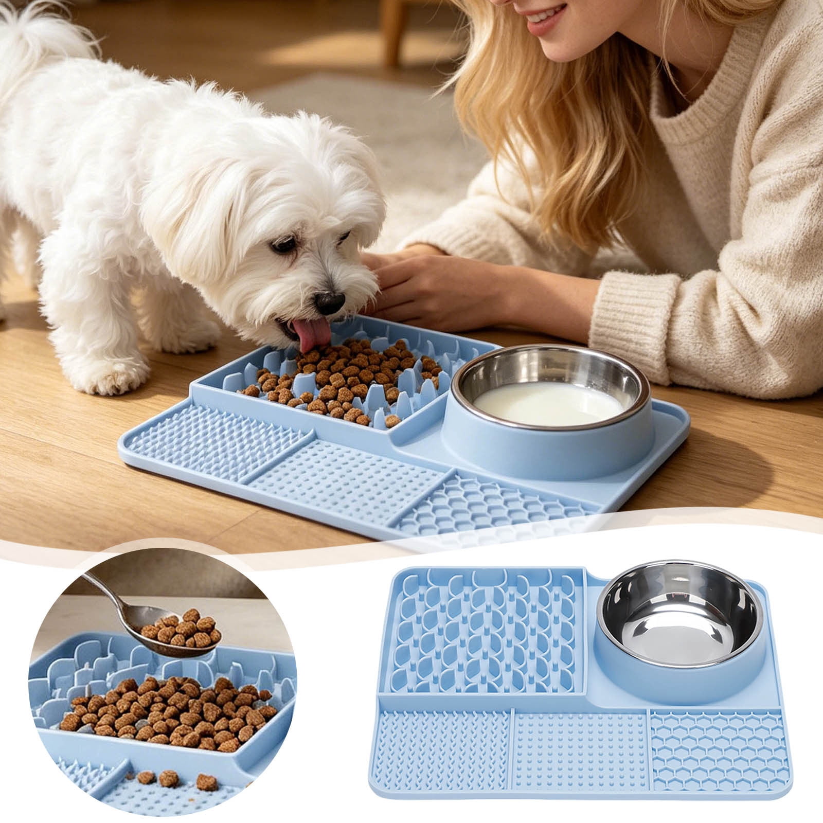 Licking Pad 5âInâ1 Silicone Slow Feeding Mat Suction Cup Antiâ Feeder Detachable Stainless Steel Bowl StressâRelief Set For Cats Dogs Puppies Daily Use 13.0 x 9.8 in Sky Blue