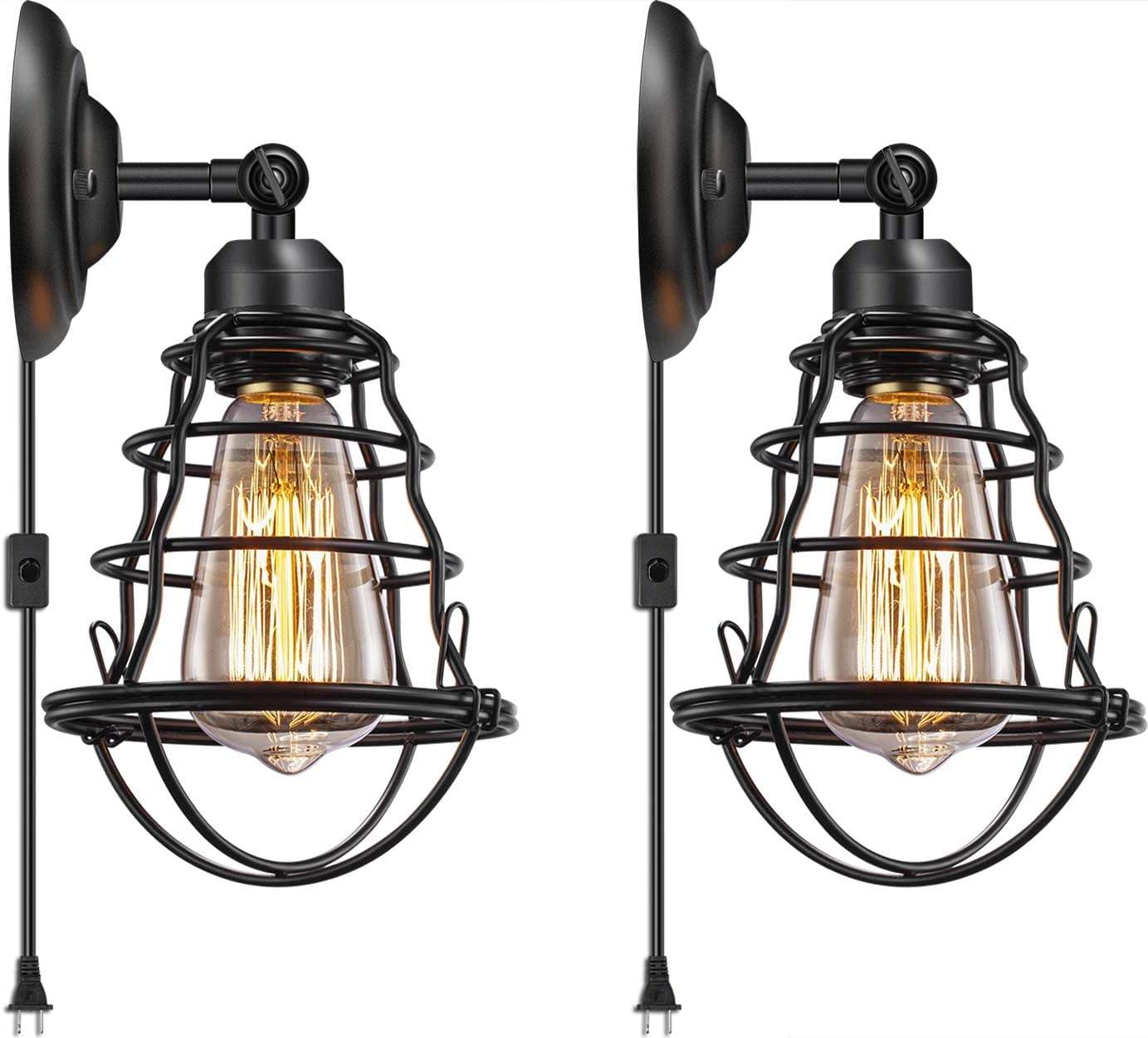 Licperron Set of 2 Plug in Wall Light with 5.9ft Plug in Cord Wire Wall Sconces Lamp  Cage Vintage Lighting Rustic Wall Light Fixture for Bedroom Bathroom