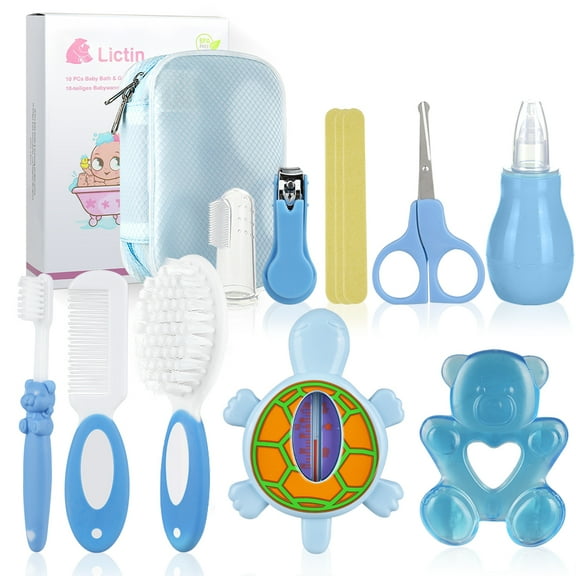 Lictin 12-in-1 Baby Grooming & Healthcare Kit - Portable Safety Care Set with Bath Thermometer, Brush Comb & Nail Clippers - Newborn Essentials for Nursery, Baby Shower Gift Boys Girls, Blue
