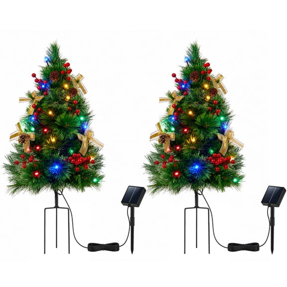 Lictin 2 Pack 30 Inch Solar Christmas Trees, Pre-Lit Artificial Christmas Trees with 60 LED Lights, 8 Modes and 26 Ornaments, Waterproof Outdoor Holiday Decorations for Yard, Porch & Garden
