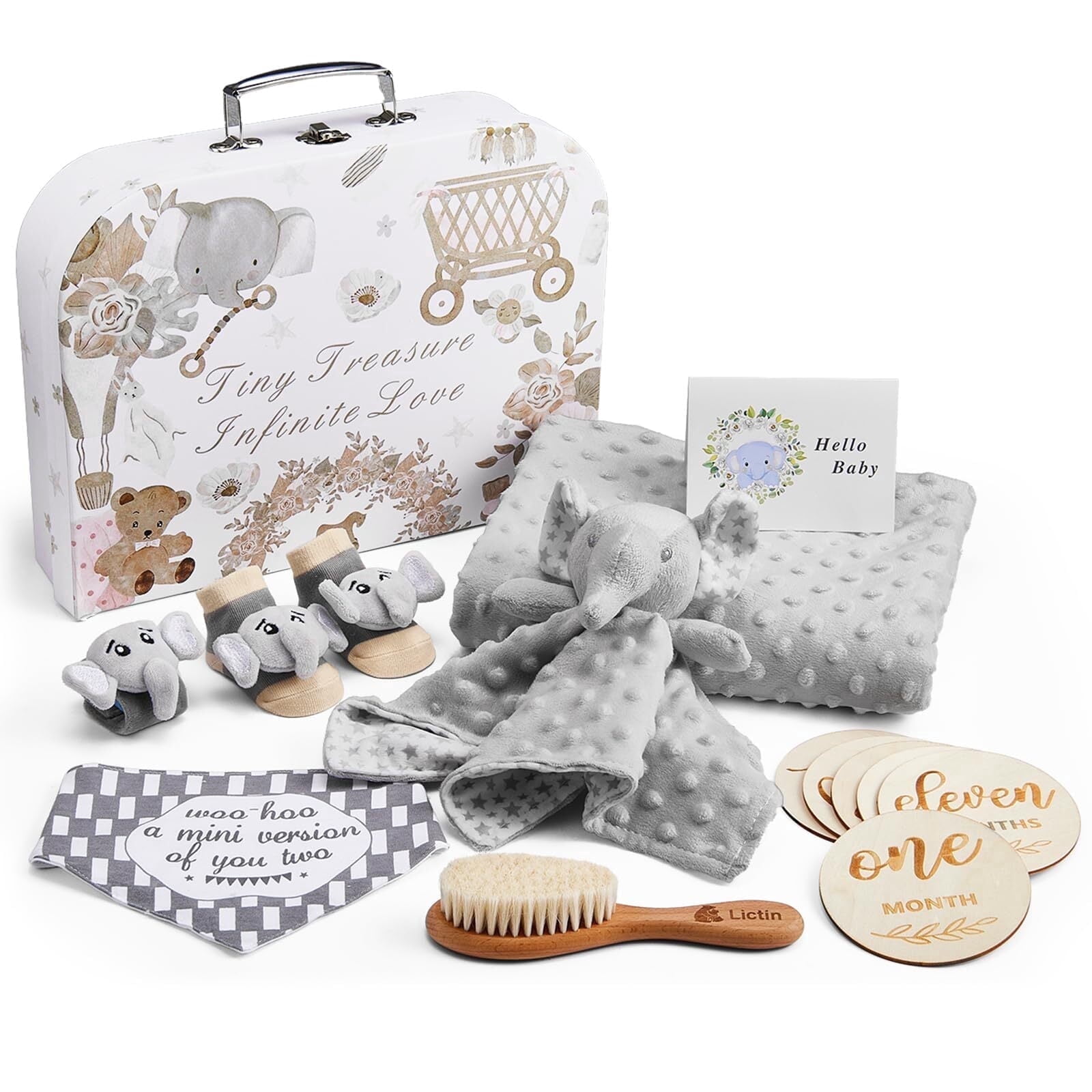 Baby Shower Gift Set for Boys Girls, 14PCS Baby Gifts, Neutral Newborn Gifts Basket with Baby Blanket, Monthly Milestone Cards, Elephant Security Blanket, Rattle Socks and Wrist