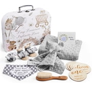 Baby Shower Gift Set for Boys Girls, 14PCS Baby Gifts, Neutral Newborn Gifts Basket with Baby Blanket, Monthly Milestone Cards, Elephant Security Blanket, Rattle Socks and Wrist