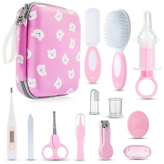 Lictin Baby Grooming Kit, 13 in 1 Portable Newborn Nursery Safety Health Care Set with Thermometer, Brush, Nail Clippers, Baby Care Kit for Baby Girls, Pink