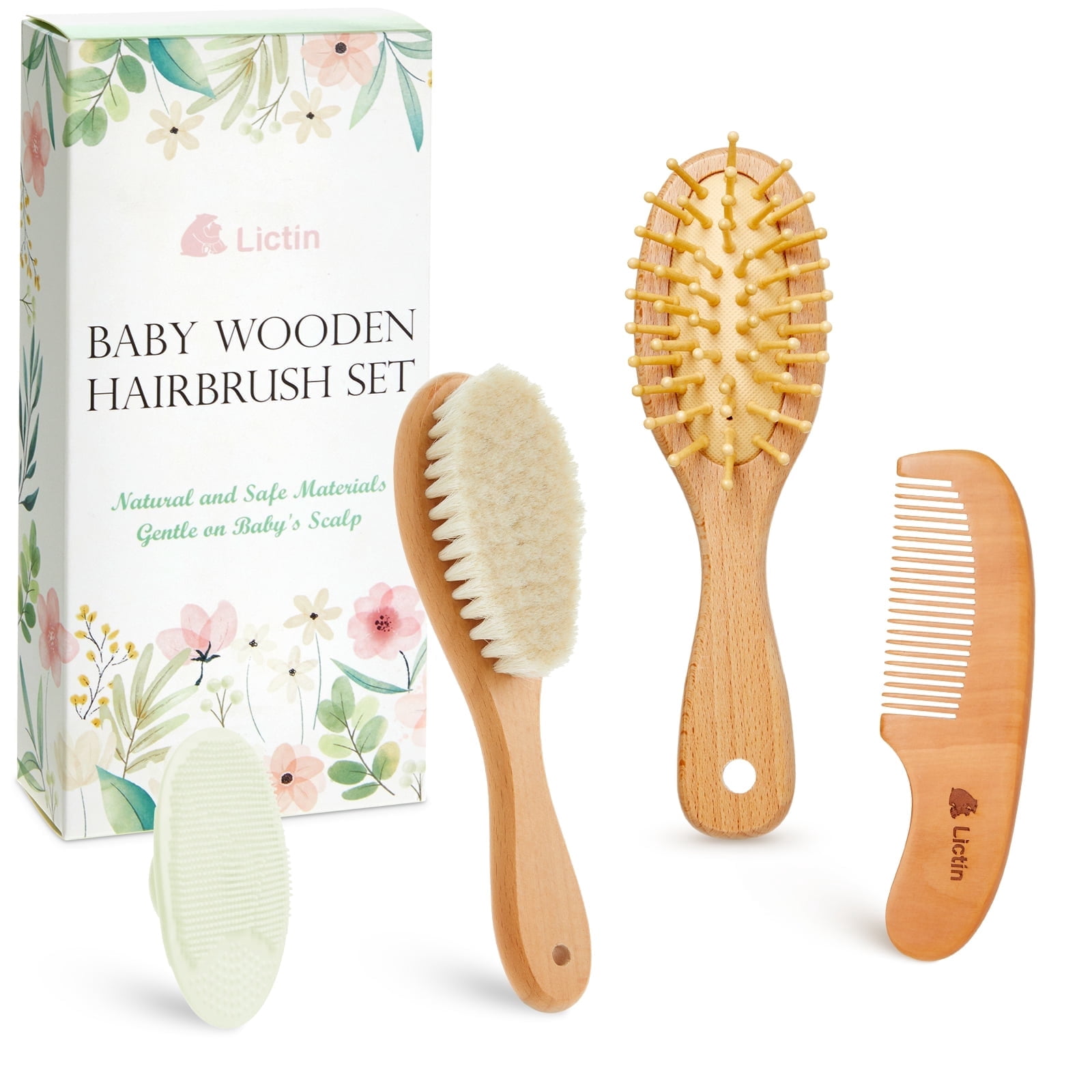 Lilian&Gema Baby Hair Brush and Comb Set, 4Pcs Newborn Wooden Hair Brush with Soft Goat Bristles, Baby Cradle Cap Comb Set, Infant Grooming Kit for Baby Shower Gift