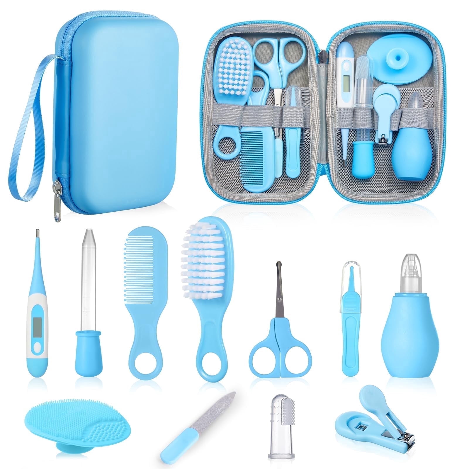 Baby Healthcare and Grooming kit, Newborn Nursery Safety Health Set with Thermometer Nail Clipper Brush Comb, Baby Care Kit for Baby Boys Girls, Blue