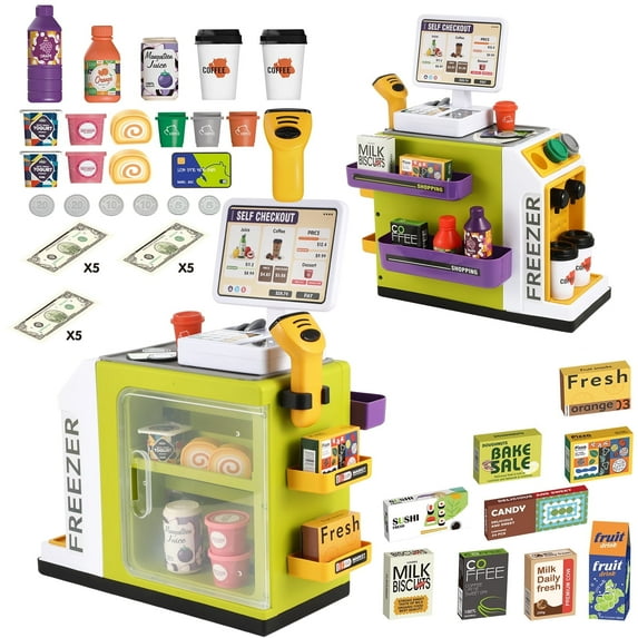 Lictin Cash Register Playset for Kids, 47 PCS Pretend Play Store Cashier Toys with Scanner, Play Food, Credit Card, Cash Register Toy Gift for Boys and Girls Ages 3+, Green