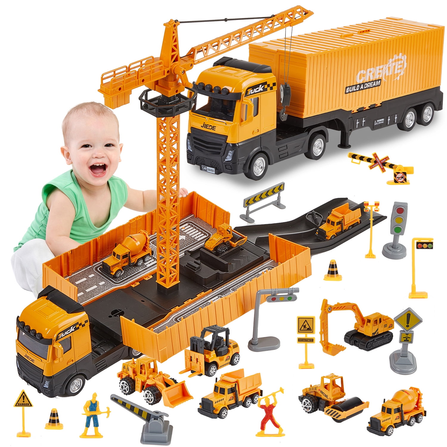 Lictin Construction Vehicles Toys Playset, Alloy Construction Truck with 6 Cars, Crane, Excavator, Tractor, Dump Truck, Forklift, Road Roller, Gift for 3-5 Year Toddlers Boys