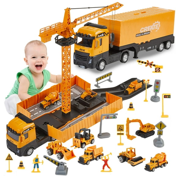 Lictin Construction Vehicles Toys Playset, Alloy Construction Truck with 6 Cars, Crane, Excavator, Tractor, Dump Truck, Forklift, Road Roller, Gift for 3-5 Year Toddlers Boys