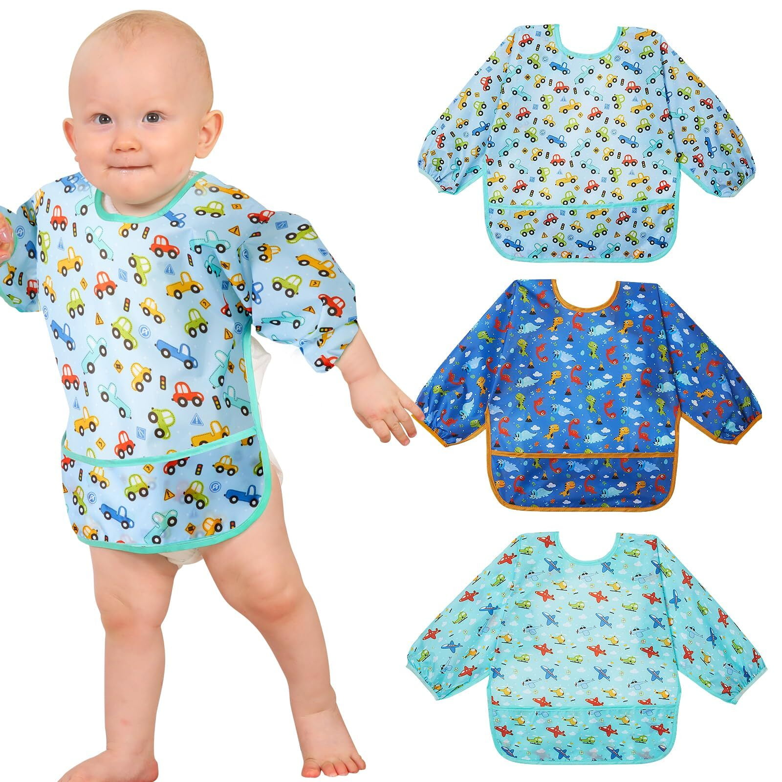 Lictin Long Sleeve Baby Bibs for Boys Girls, 3 Pcs Waterproof Baby Bibs