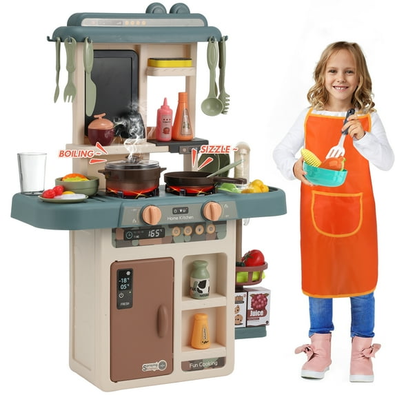 Lictin Play Kitchen Set for Kids, 42Pcs Toddler Kitchen Playset with Realistic Lights & Lights, Simulation of Spray, Apron, and Play Sink, Pretend Kitchen Toy Gift for Boys Girls, Blue