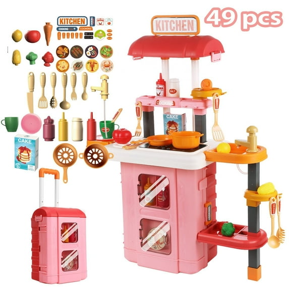 Lictin Play Kitchen Set for Kids, 49PCS Kitchen Pretend Play Toys with Lights and Sounds, Toddler Kitchen Play Set With Play Sink & Food, Kitchen Cooking Toys Gift for Boys Girls, Pink