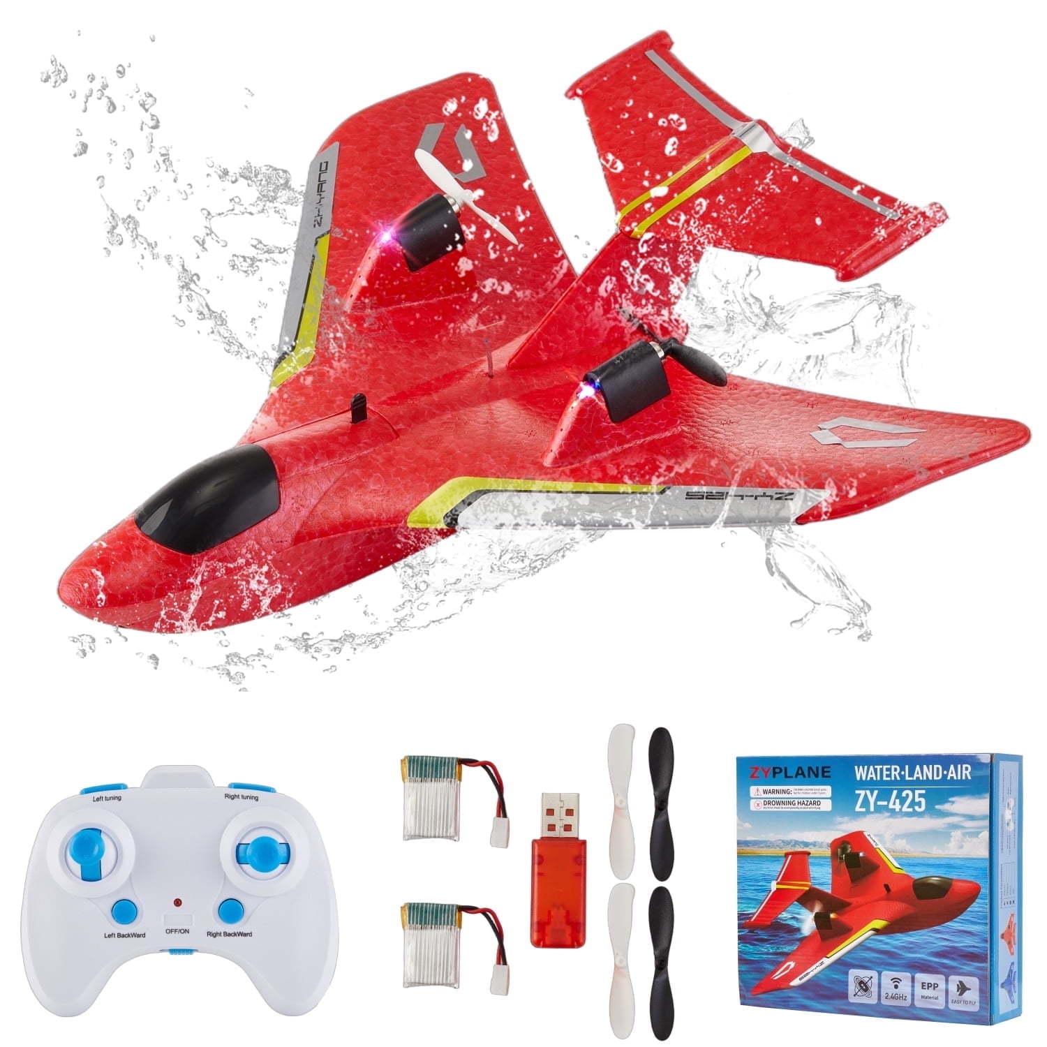 Lictin RC Plane for Water Land & Air, 2.4GHz Remote Control Airplanes with Lights & 2 Batteries, RC Airplane Glider Aircraft Outdoor Flying Toys Gift for Kids Adults