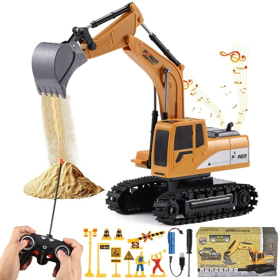 Lictin Remote Control Excavator for Kids, 6 Channel RC Excavator Truck Construction Vehicle Toys with Metal Shovel, Lights & Sounds, Gifts for Boys Age 3+