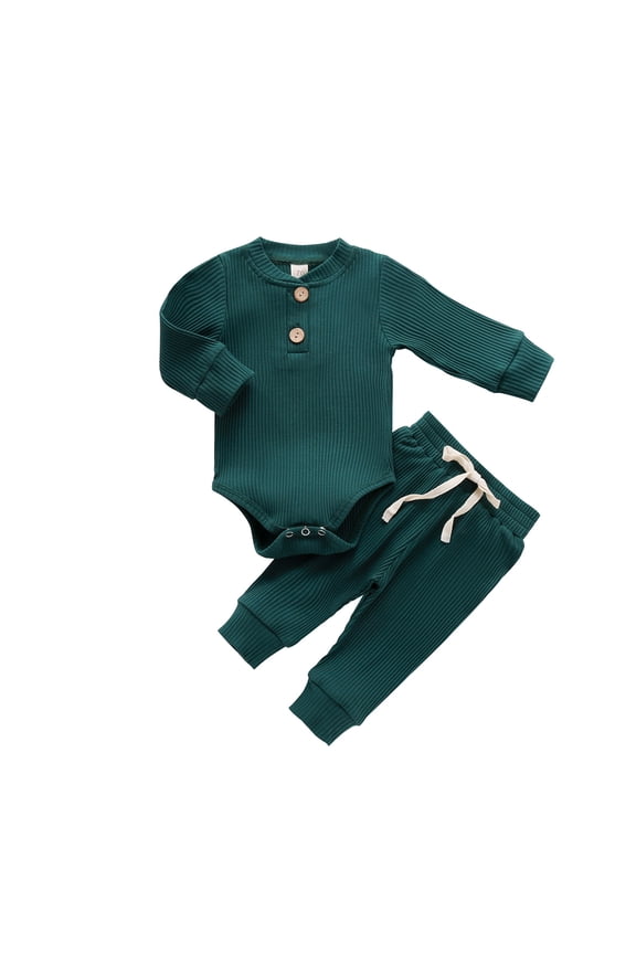 2PCS Winter Newborn Baby Boy Girl Clothes Set Ribbed Outfits Unisex Infant Cotton Button Long Sleeve Tops Pants