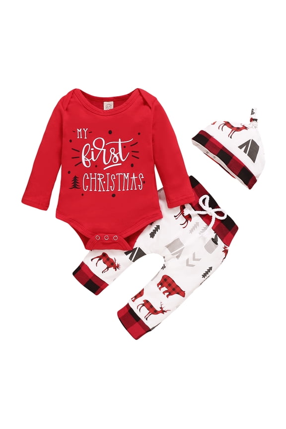 3PCS Newborn Baby Boy Girls My 1st Christmas Outfits Long Sleeve Romper Pajamas+Drawstring Pants+Hat 0-24M