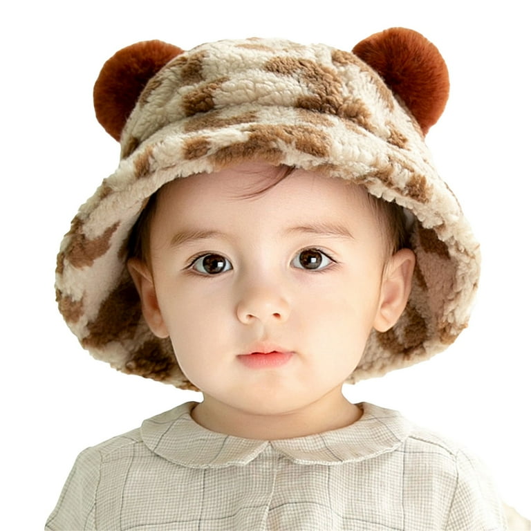 Licupiee Baby Girl Boy Winter Faux Fur Bucket Hats Print Warm Fisherman Cap Outdoor Windproof
