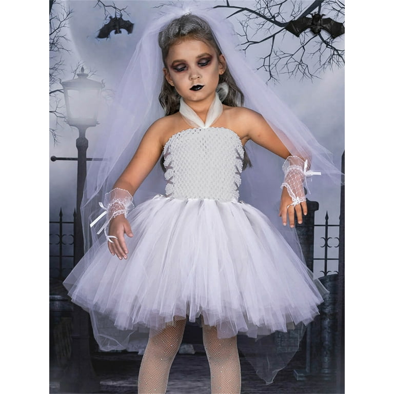 Ghost Bride Girls Halloween Costume Tutu Dress With Gloves Veil