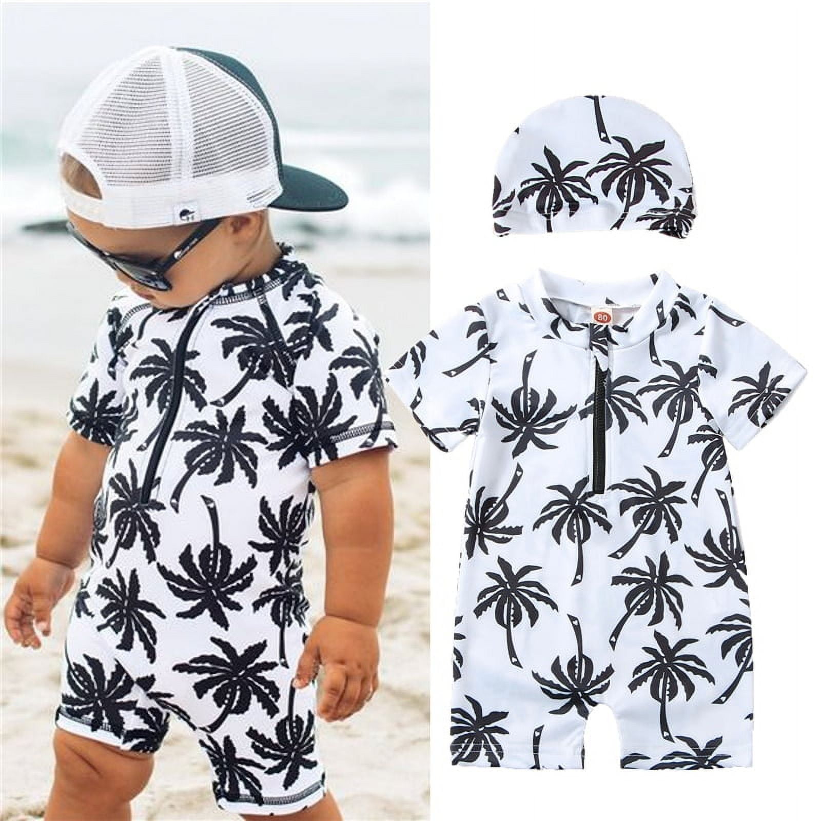Licupiee Coconut Tree Print Short Sleeve Rashguard with Hat Licupiee Coconut Tree Print Short Sleeve Rashguard with Hat