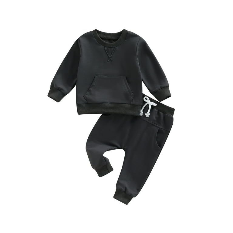 Licupiee Fall Winter Outfit Baby Boy Girl Solid Color Sweatsuit Crewneck Pocket Sweatshirt Top Sweatpants Cousin Matching Set