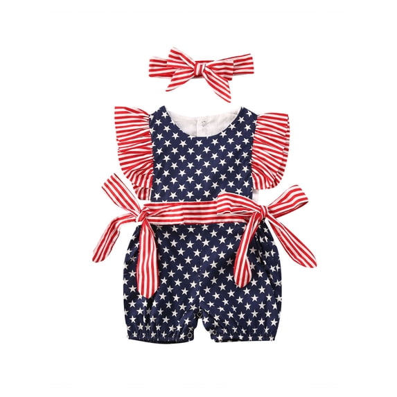 Licupiee Infant Baby Girls 4th of July Romper Jumpsuit with Bowknot Bodysuit USA Flag Independence Day Clothes Set