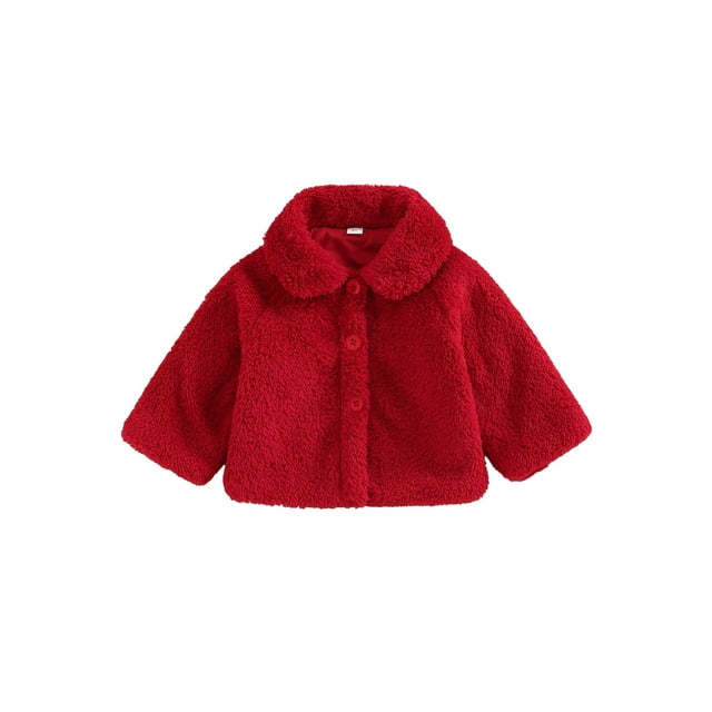 Licupiee Infant Newborn Baby Girl Plush Coat Warm Lapel Long Sleeve Button Down Red Plush Jacket Fall Winter Outwear