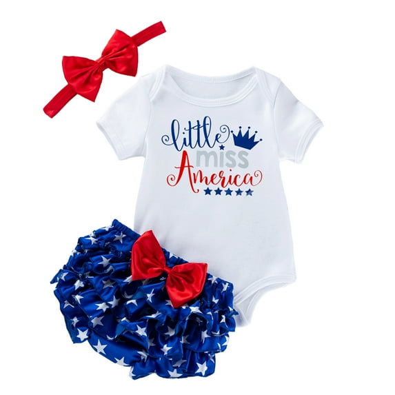 Licupiee Little Miss America 3pcs Newborn Infant Baby Girl 4th of July Rompers Shorts Headband Clothes Outfits 0-3 Months