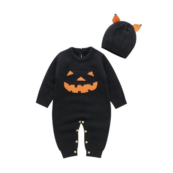 Licupiee Newborn Baby Girls Boys Halloween Outfits Long Sleeve Pumpkin Romper Knitted Sweater Bodysuit Jumpsuit with Hat