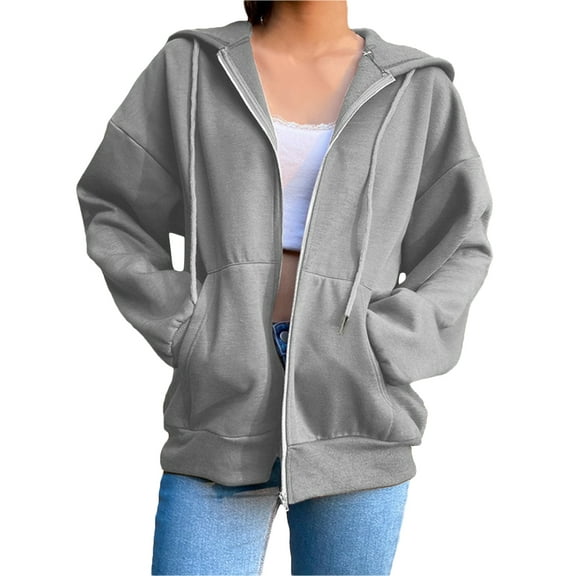 Licupiee Oversized Zip Up Hoodie for Women Baggy Loose Basic Zipper Hooded Sweatshirt Coat Y2K Jacket