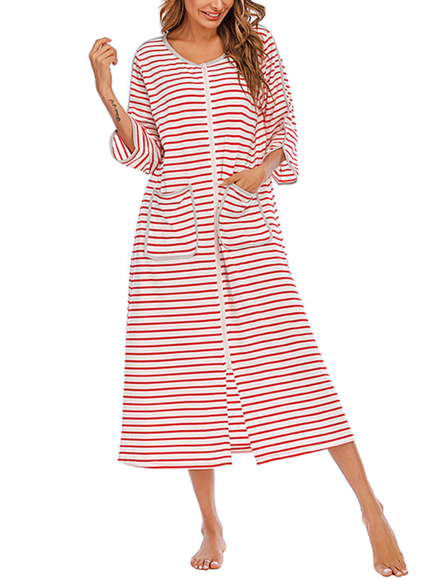 Licupiee Plus Size Women Loose 3/4 Sleeve House Coat Zipper Front