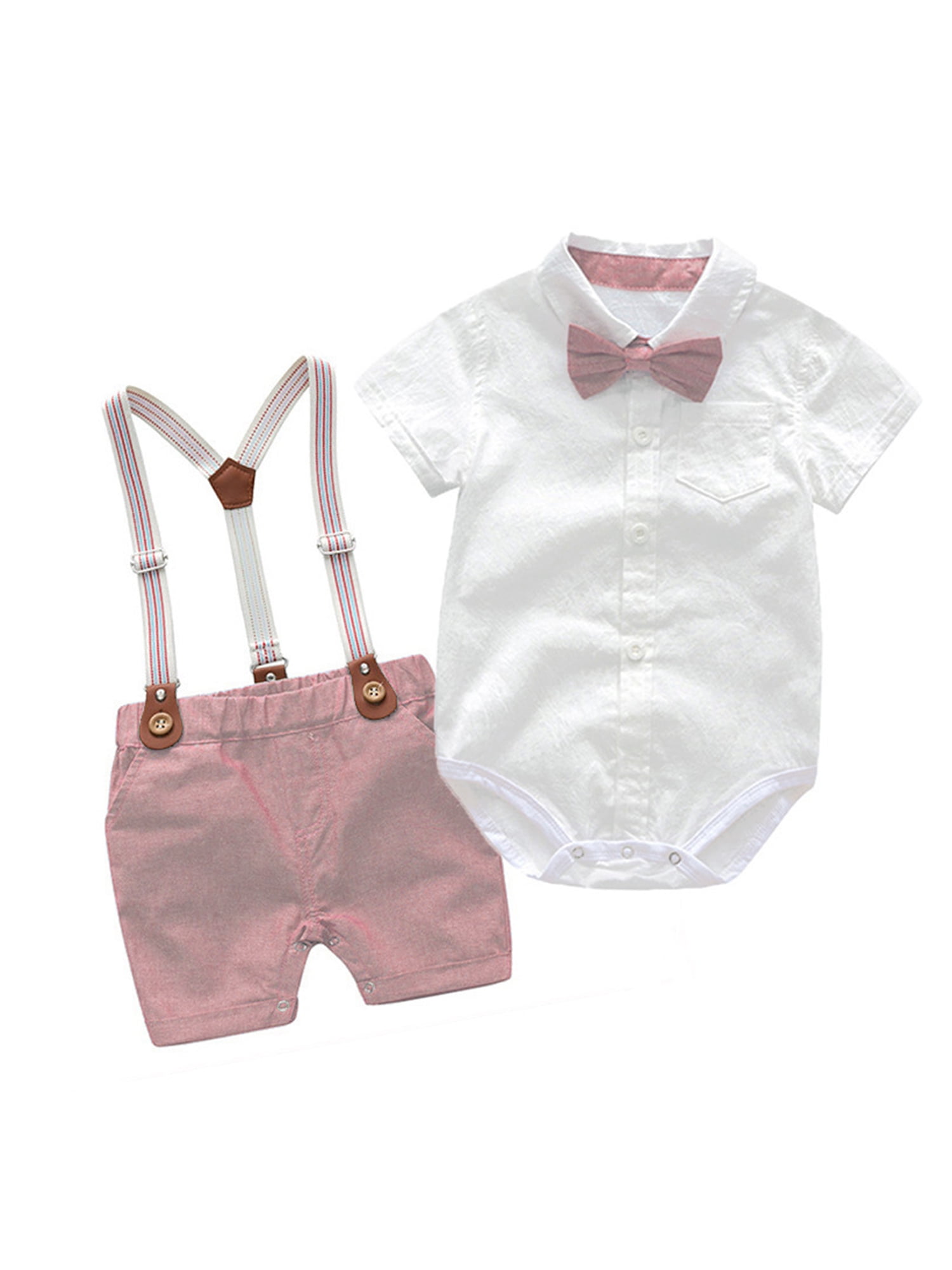 Summer Baby Boys Gentleman Suits Short Sleeve Shirt Bib Pants Bow Tie