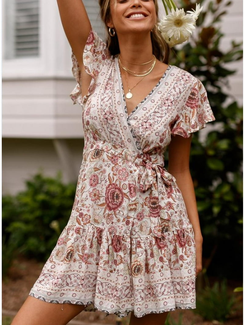 Licupiee Summer Casual Wrap Dress for Women Boho Floral Printed