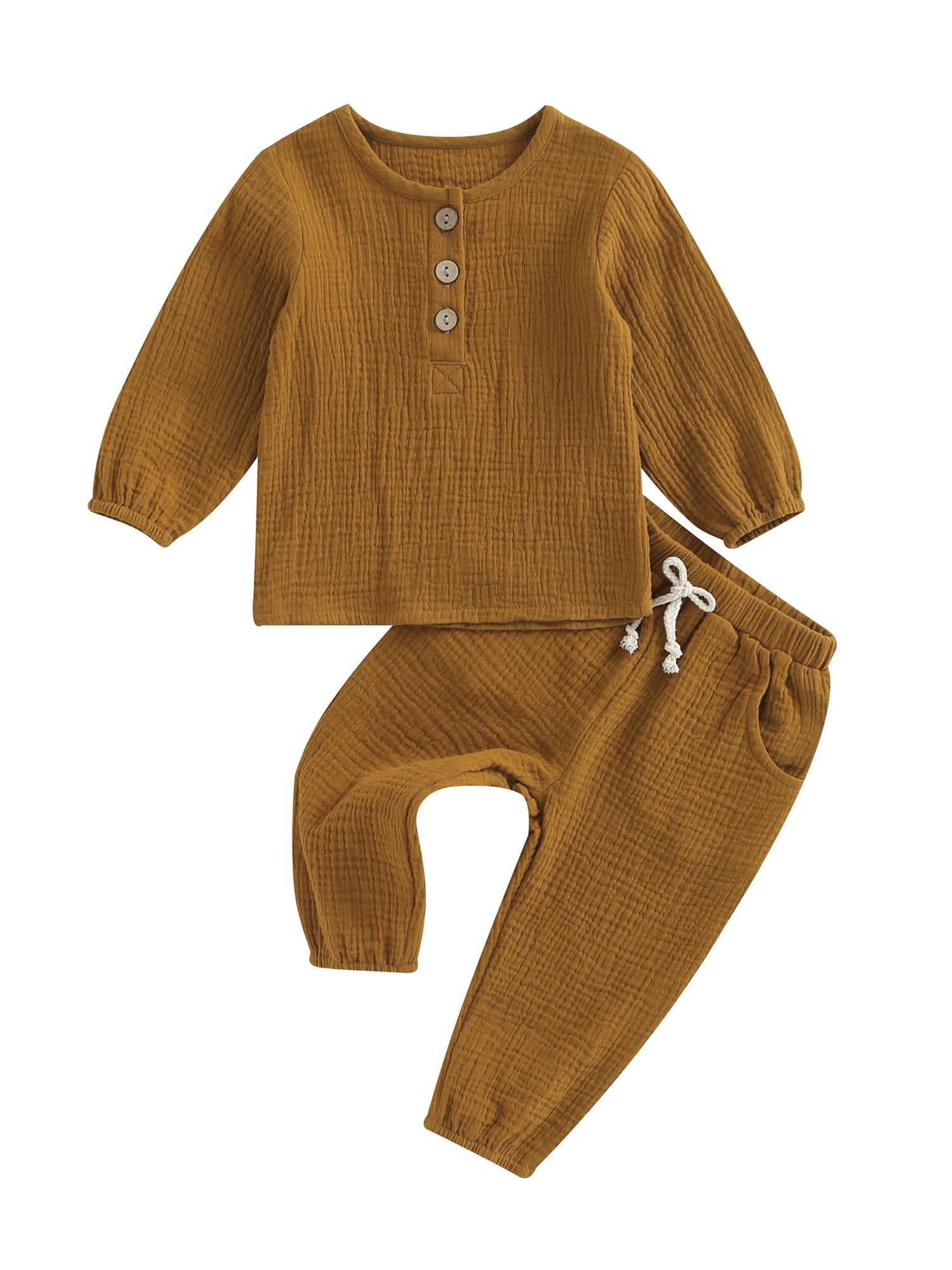 Licupiee Toddler Baby Boy Girl Cotton Linen Pants Set Solid Long Sleeve