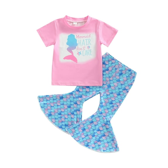 Licupiee Toddler Baby Girl Summer Clothes Short Sleeve Mermaid T-shirt Top Fish Scale Bell Bottom Pants 2Pcs Outfit 1-6T