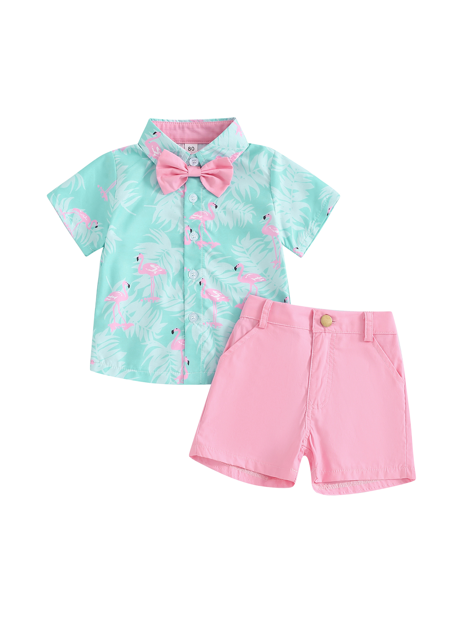 Licupiee Toddler Boy Gentleman Outfit Flamingo Print Short Sleeves Button Shirt with Bow Tie and