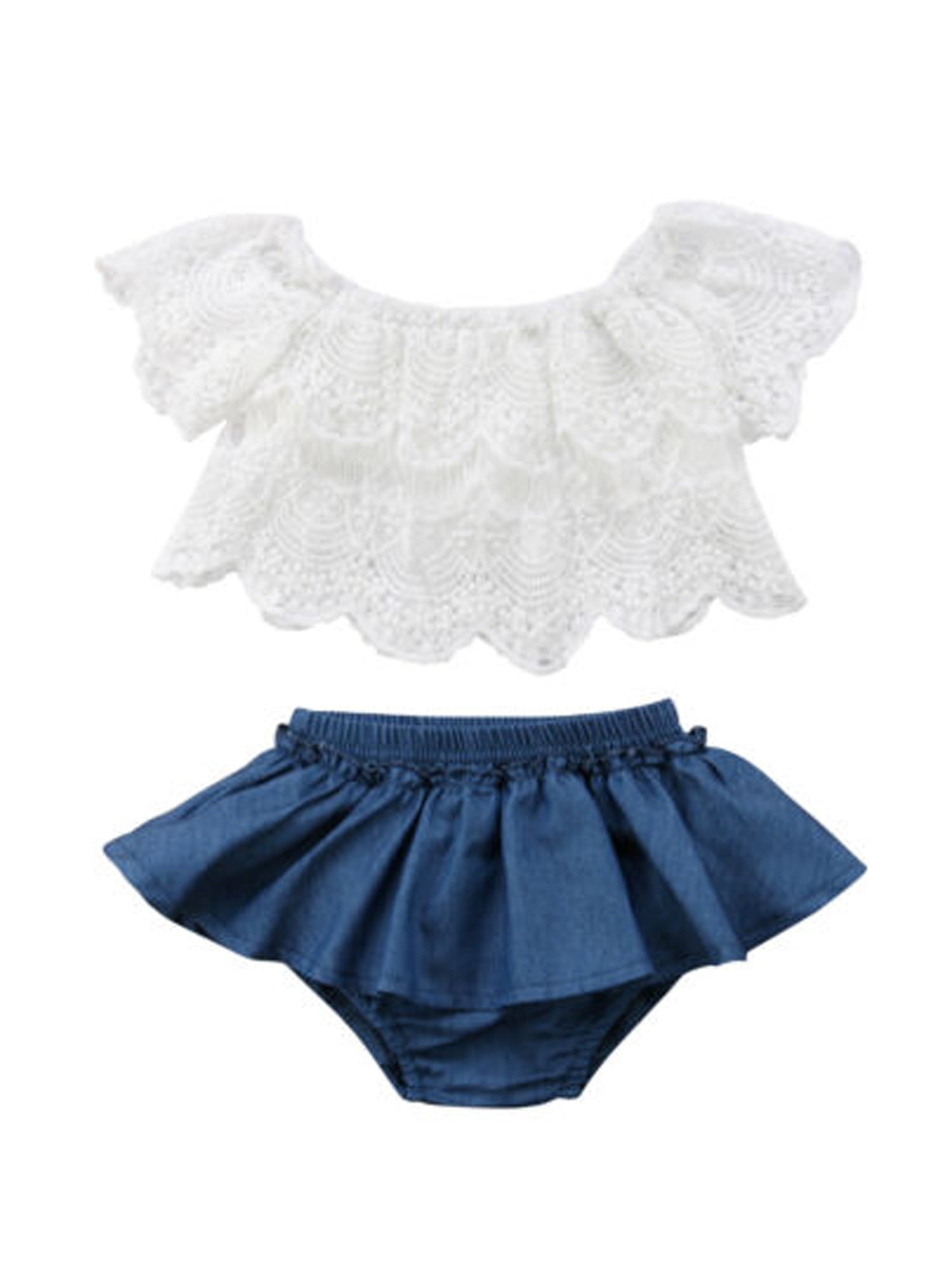 Licupiee Toddler Newborn Baby Girl Denim Outfits Off Shoulder Lace Tops