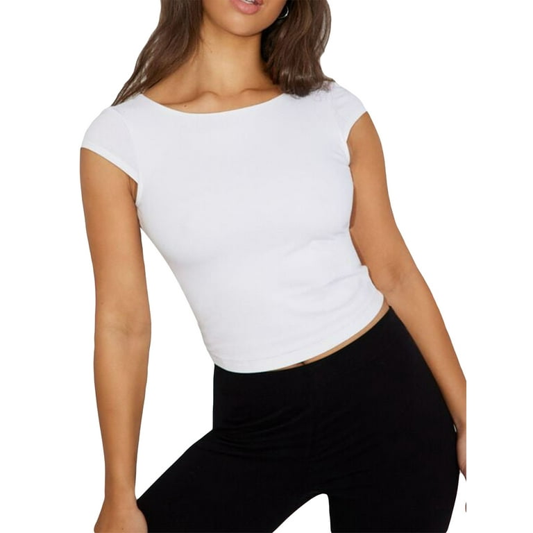 Licupiee Women Backless T-Shirt Y2k Short Sleeve Crew Neck Slim Fit Crop  Tee Top Open Back Blouse Tops Streetwear
