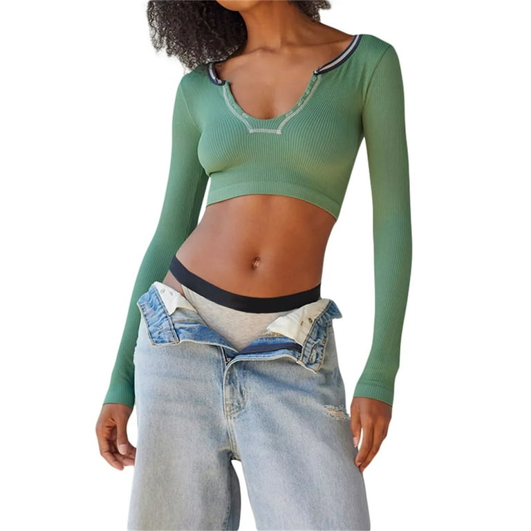 Licupiee Women Basic Long Sleeve Crop Top Low Cut Fitted Shirt