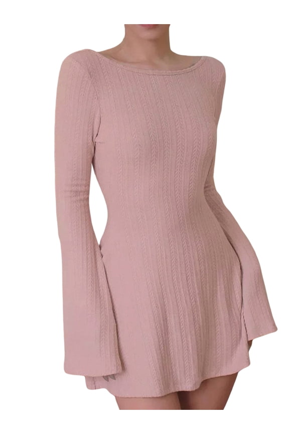 Women Bodycon Long Sleeve Mini T Shirts Dresses Ribbed Basic Solid Backless A-line Dress Casual Ruched Tight Dresses