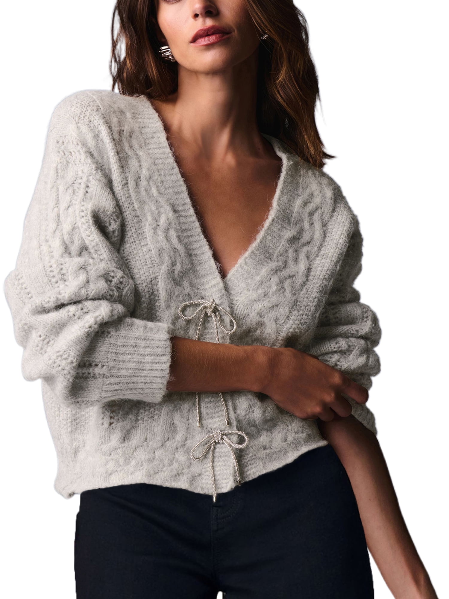 Licupiee Women Crop Cardigan Sweaters Tie Bow Snap Button Closure Knit ...