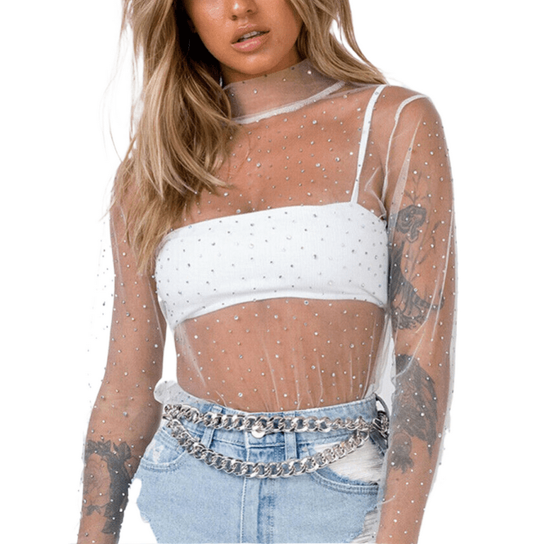 Licupiee Women Girls Mesh Sheer Shine Rhinestone Crop Top Long Sleeve  Turtleneck T-Shirt See-through Tops