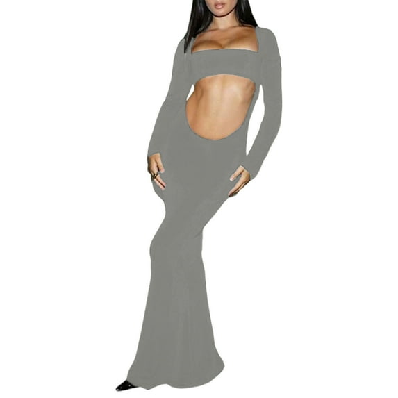 Licupiee Women Hollow Bodycon Dress Solid LowCut Long Sleeve Backless Show Belly Square Neck Fishtail Long Cocktail Dress
